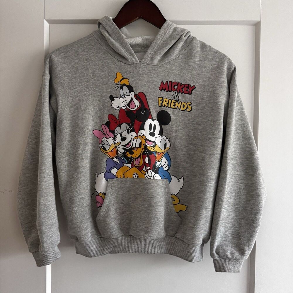 Disney Mickey & Friends Kid's Gray Fleece Hoodie Youth Large Pluto Goofy Donald